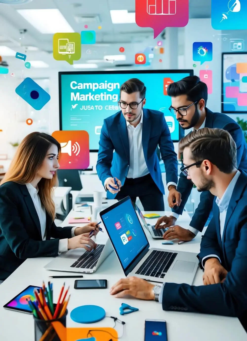 Planejamento de campanha digital em equipe de marketing.